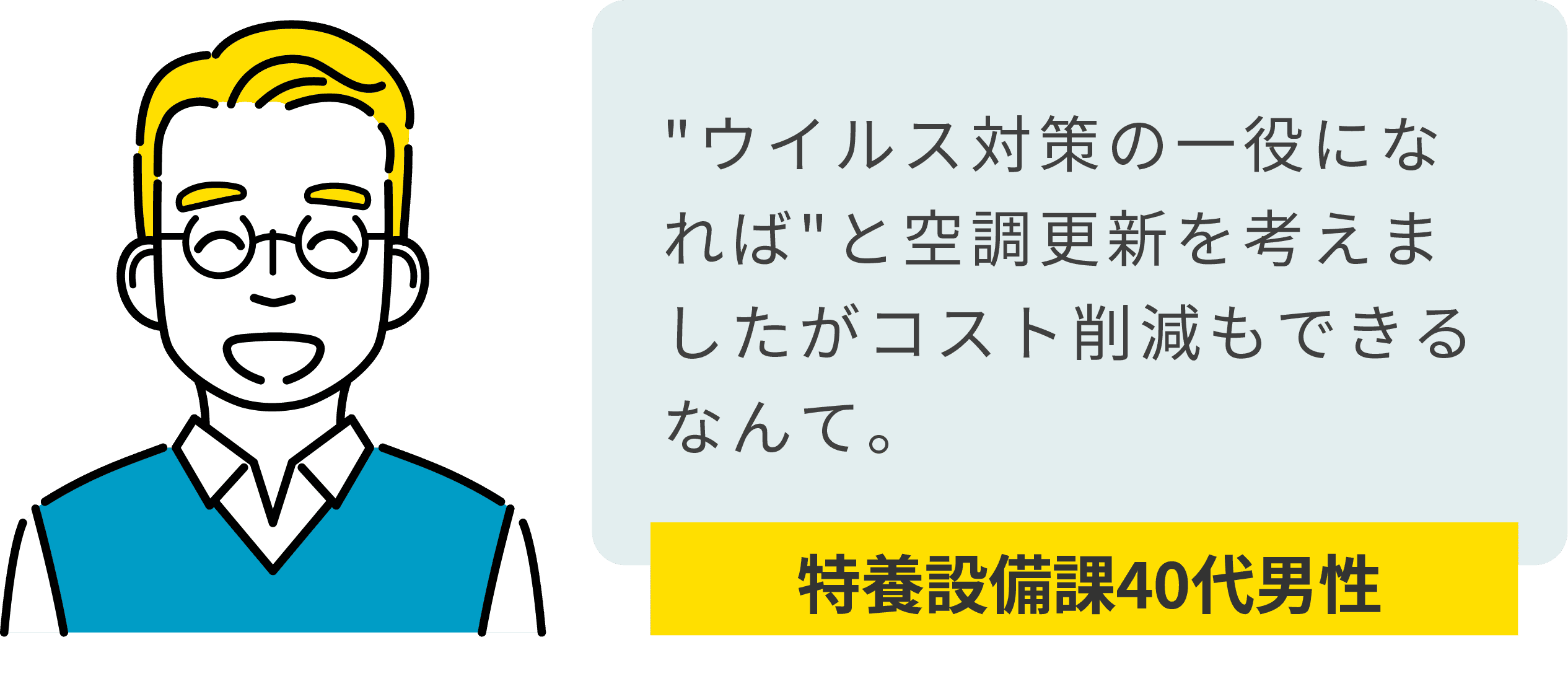工場設備課 40代男性:工場の限られた予算で、本社申請するCO2削減プランを一緒に考えてくれて感謝しています。