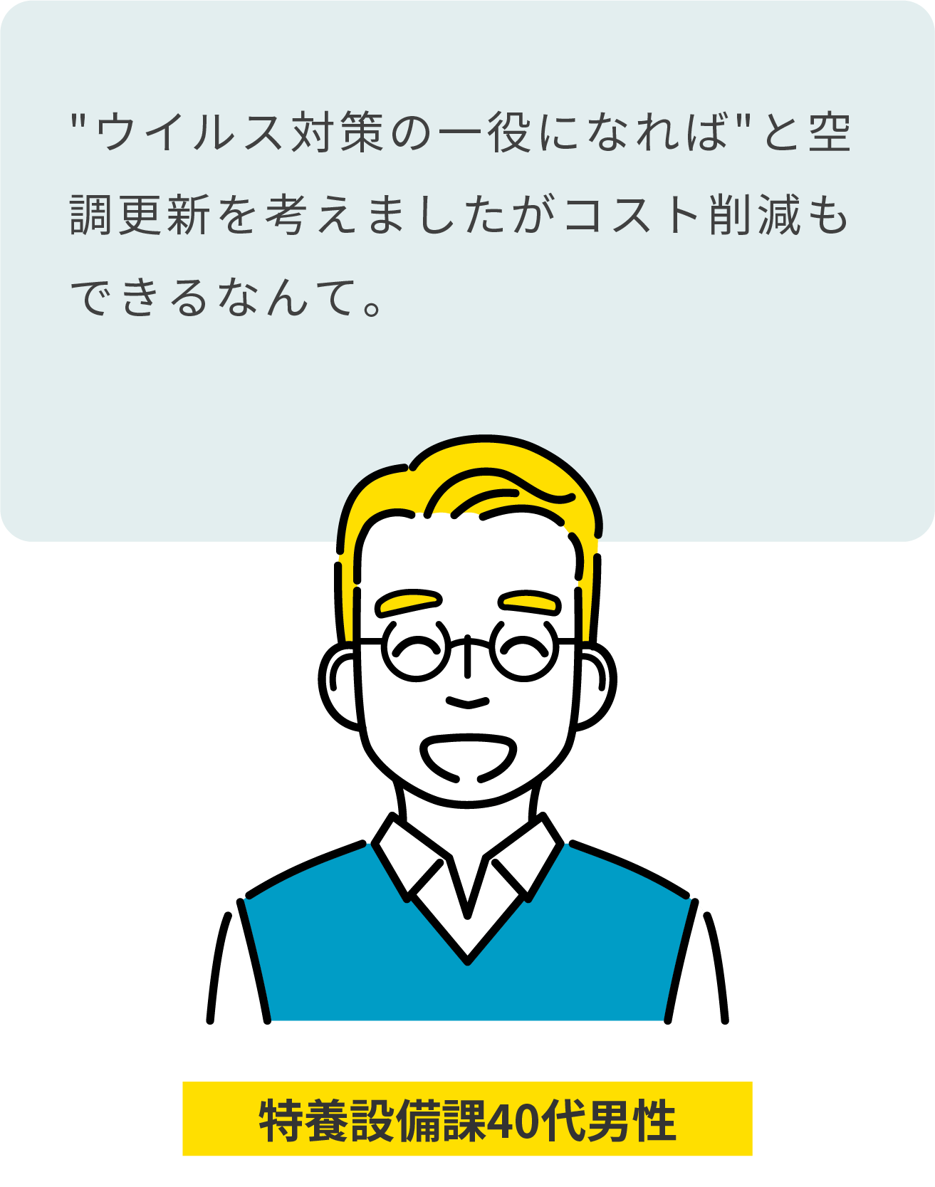 工場設備課 40代男性:工場の限られた予算で、本社申請するCO2削減プランを一緒に考えてくれて感謝しています。