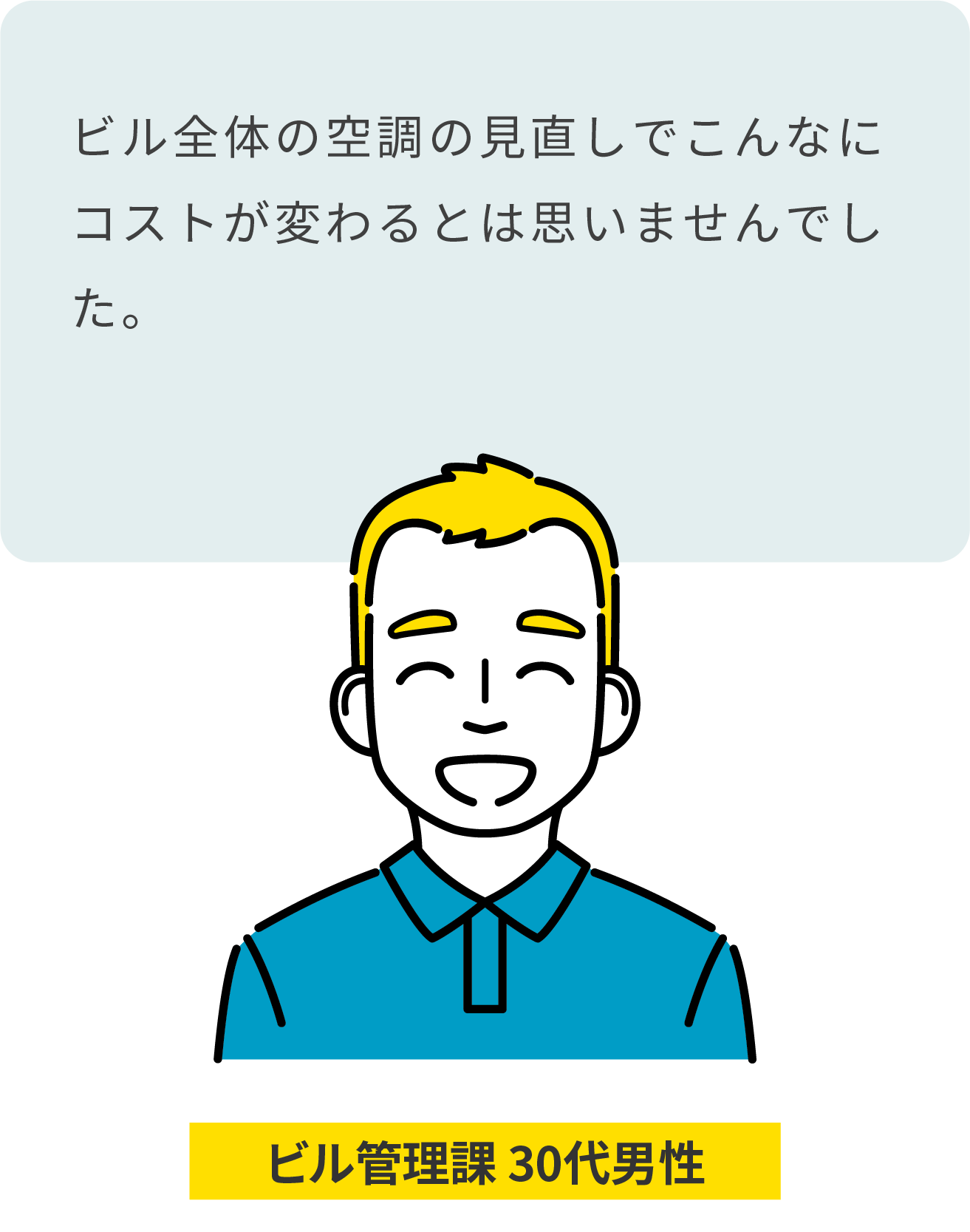 ビル管理課 30代男性:ビル全体の空調の見直しでこんなにランニングコストが変わるとは思いませんでした。
